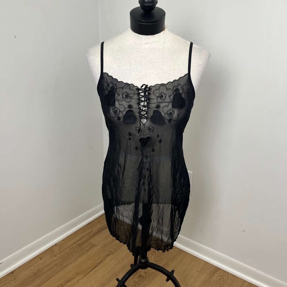 Vintage Y2K Coquette Whimsigoth Sheer Chemise tank Large Black Heart Lace Up